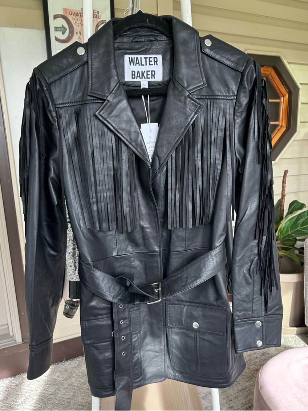 Walter Baker Black Leather Fringe Belted Jacket